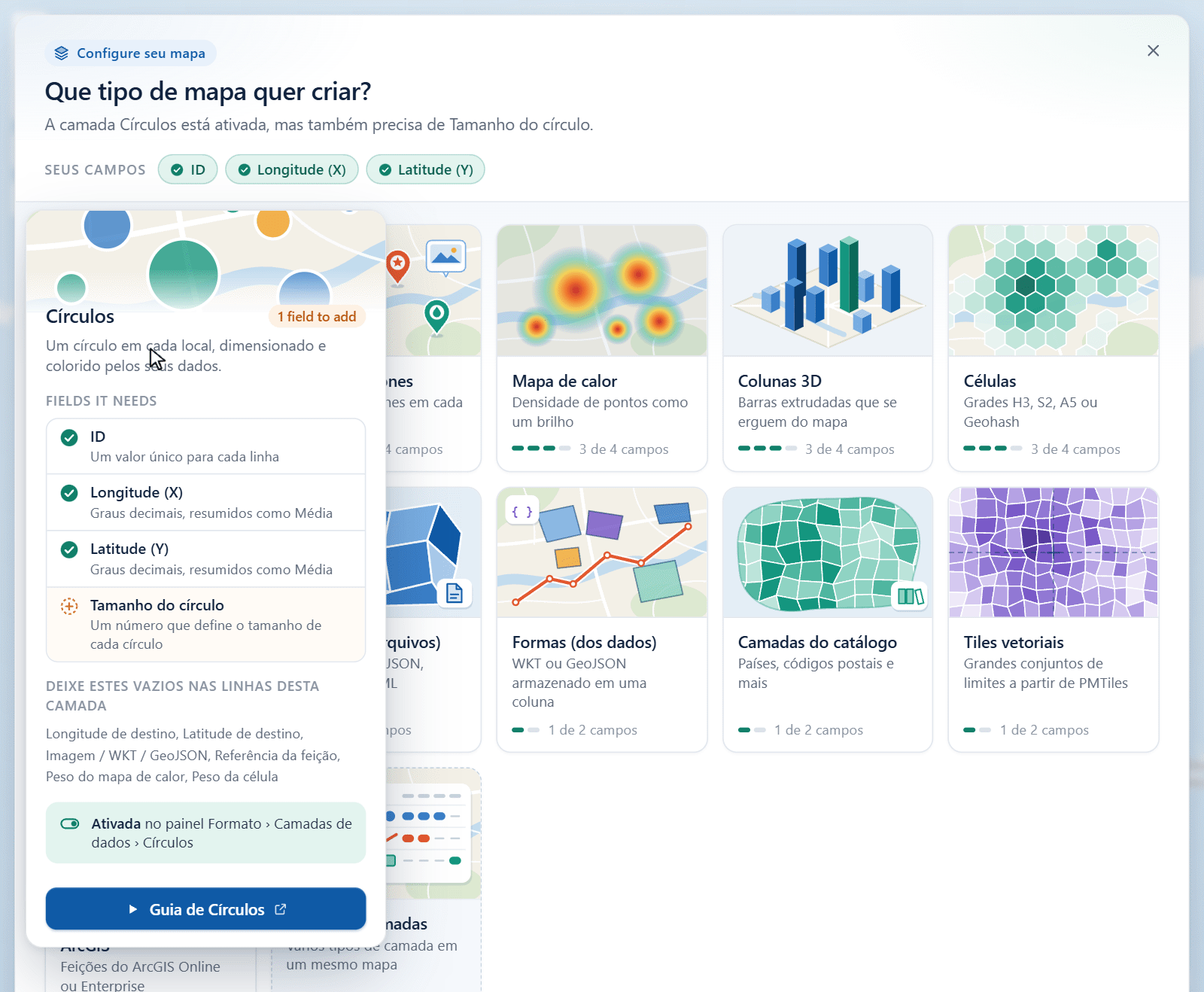 O guia de camadas com o bloco Círculos expandido, mostrando ID, Longitude e Latitude marcados e Tamanho do círculo ainda por adicionar