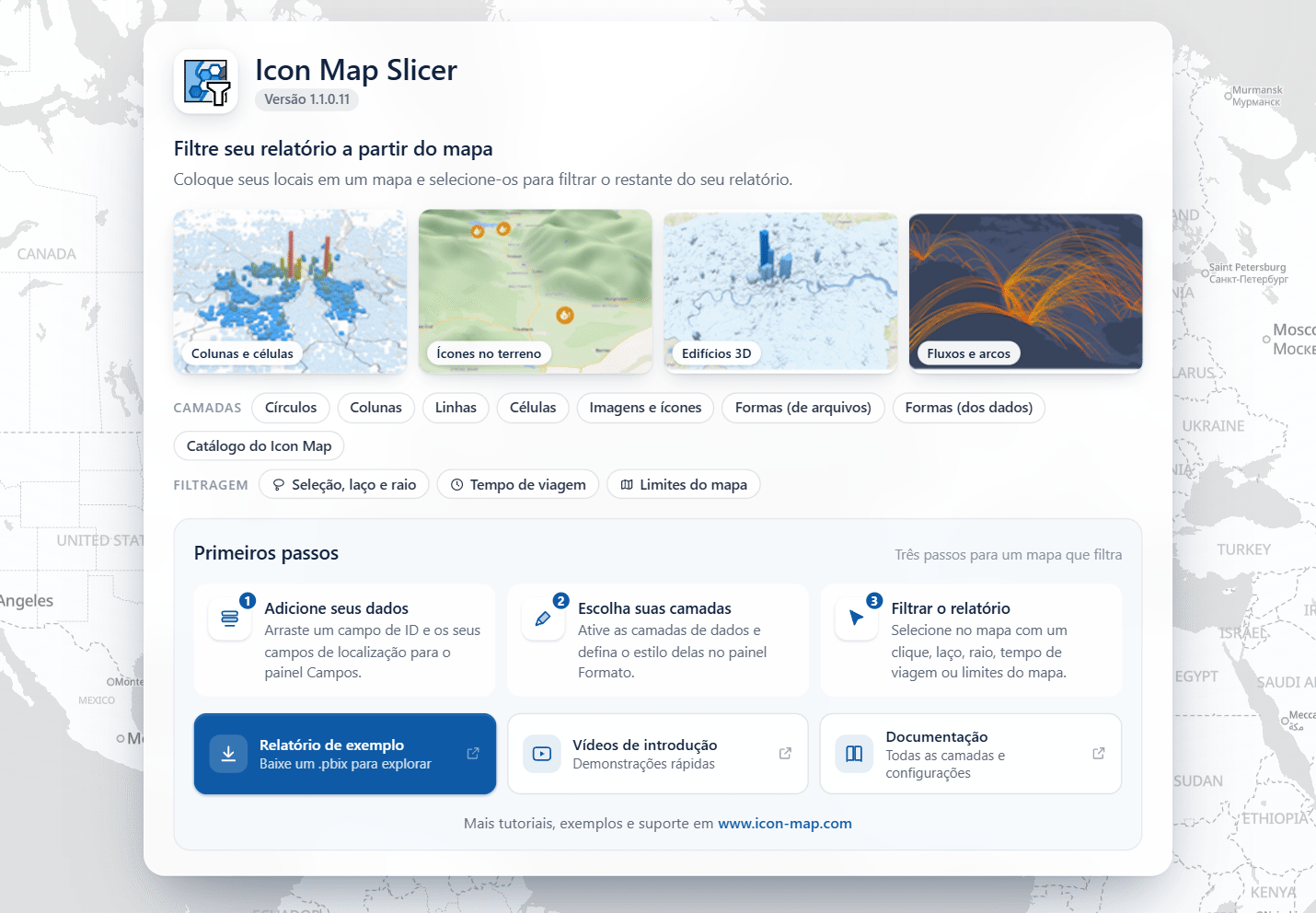 A página inicial do Icon Map Slicer em um visual vazio, com mapas de exemplo, links para as camadas e para as formas de filtrar, e um painel Primeiros passos
