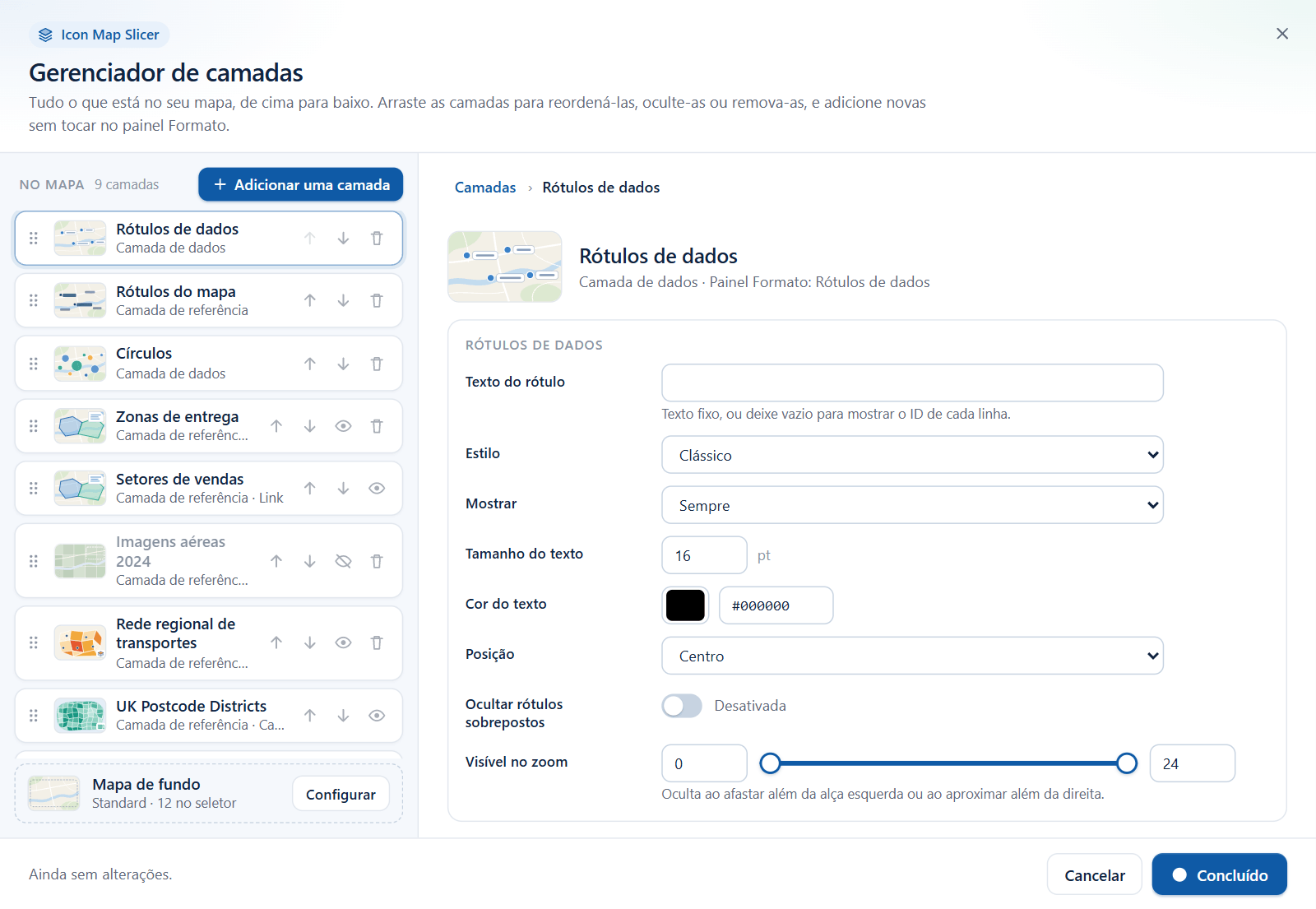 O Gerenciador de camadas com a linha Rótulos de dados selecionada e o editor aberto à direita