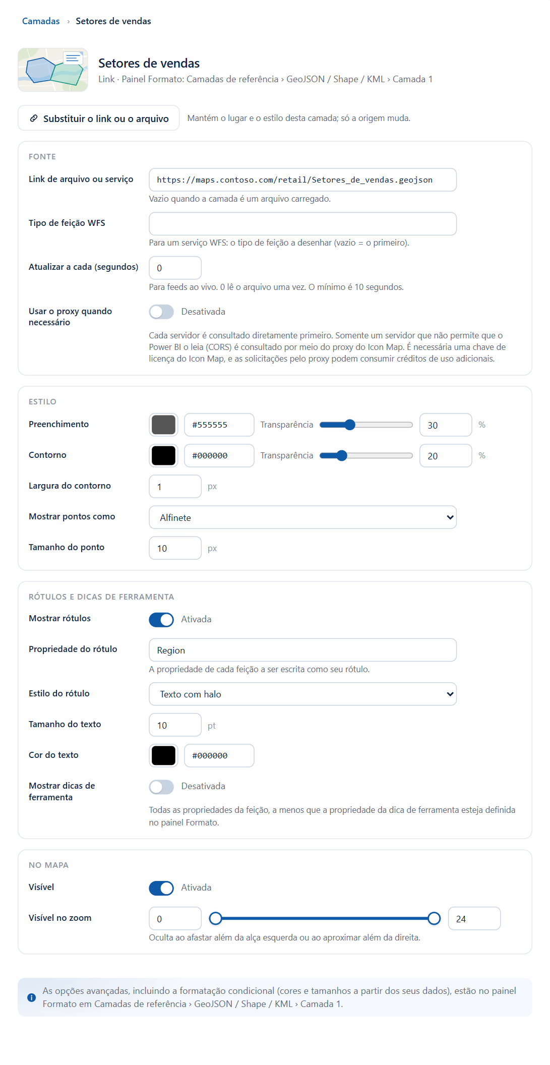 O editor de uma camada Arquivos e feeds, com o botão Substituir o link ou o arquivo acima das seções Fonte, Estilo, Rótulos e dicas de ferramenta e No mapa