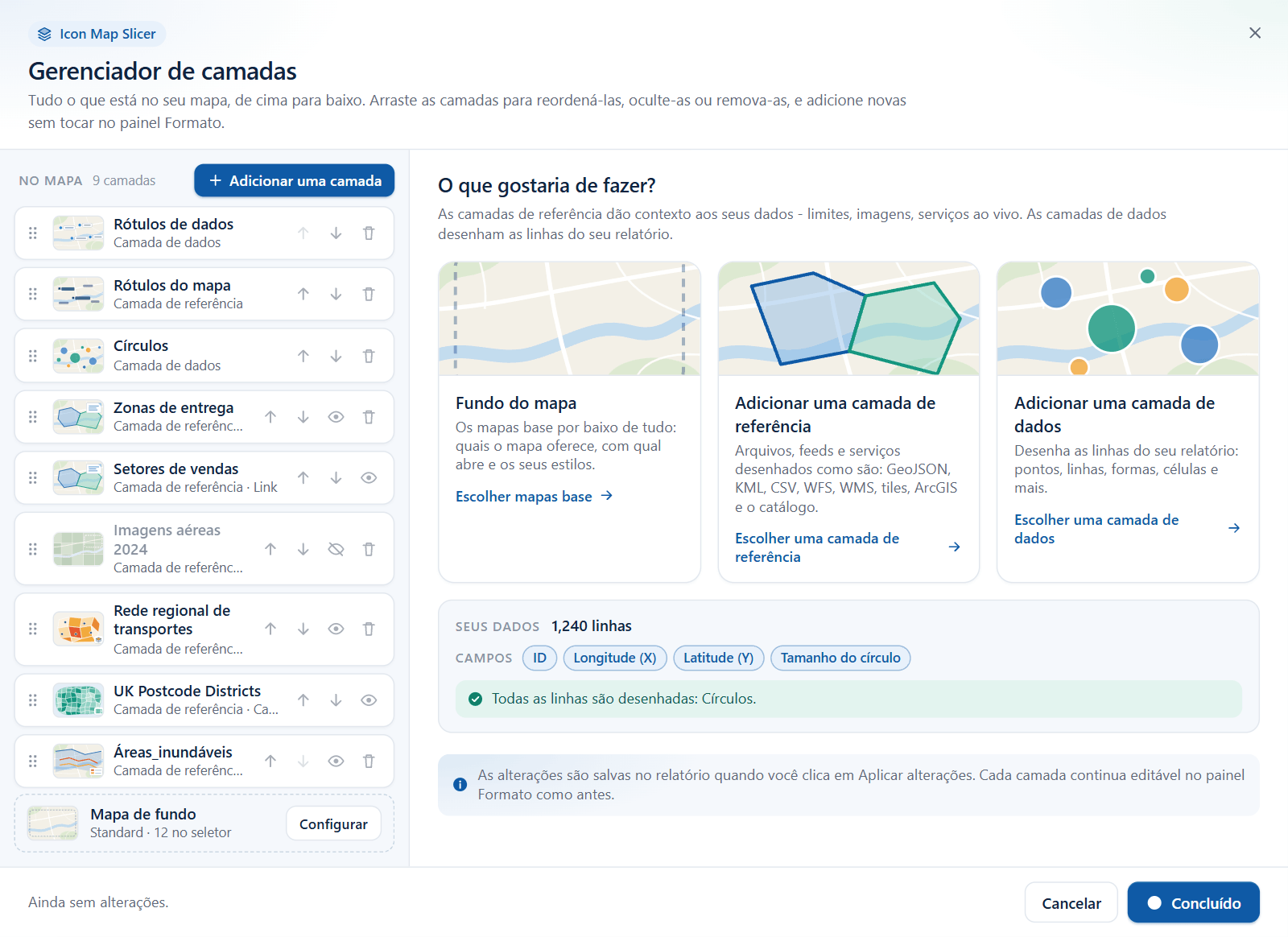 O painel Os seus dados na vista inicial do Gerenciador de camadas, mostrando a contagem de linhas, os campos do visual e a linha de status