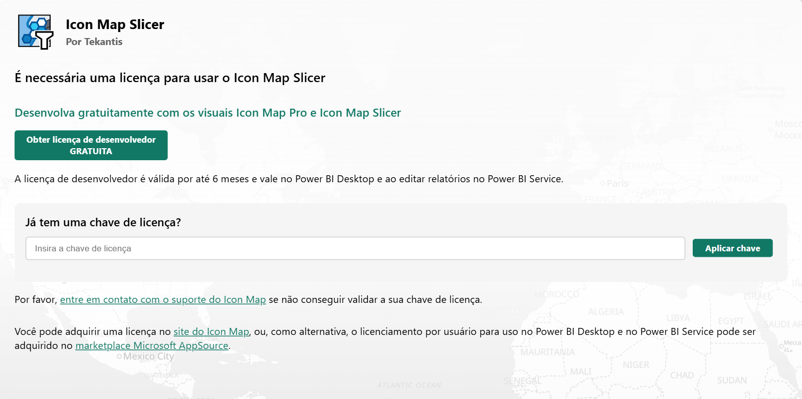 A mensagem de licença em um mapa sem licença durante a edição, com o botão Obter licença de desenvolvedor GRATUITA e a caixa para uma chave de licença existente