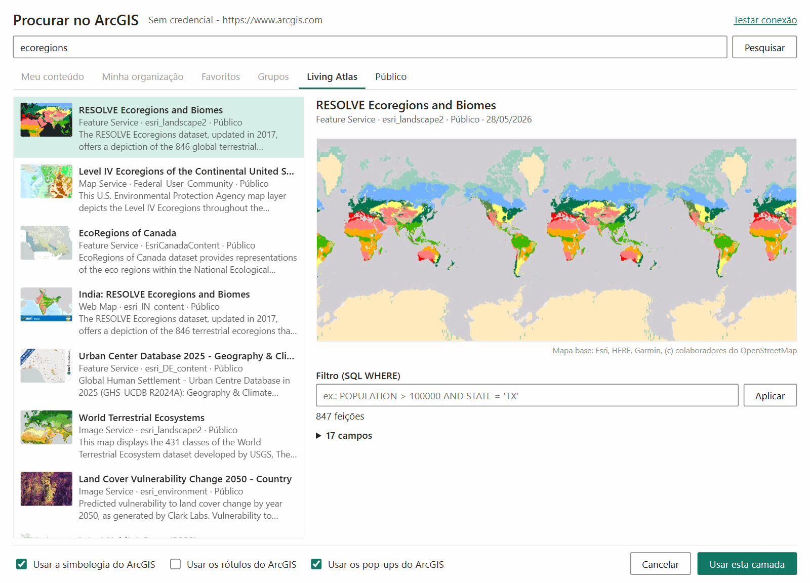 A janela Procurar no ArcGIS com as guias, uma lista de resultados à esquerda e uma pré-visualização da camada de feições selecionada à direita