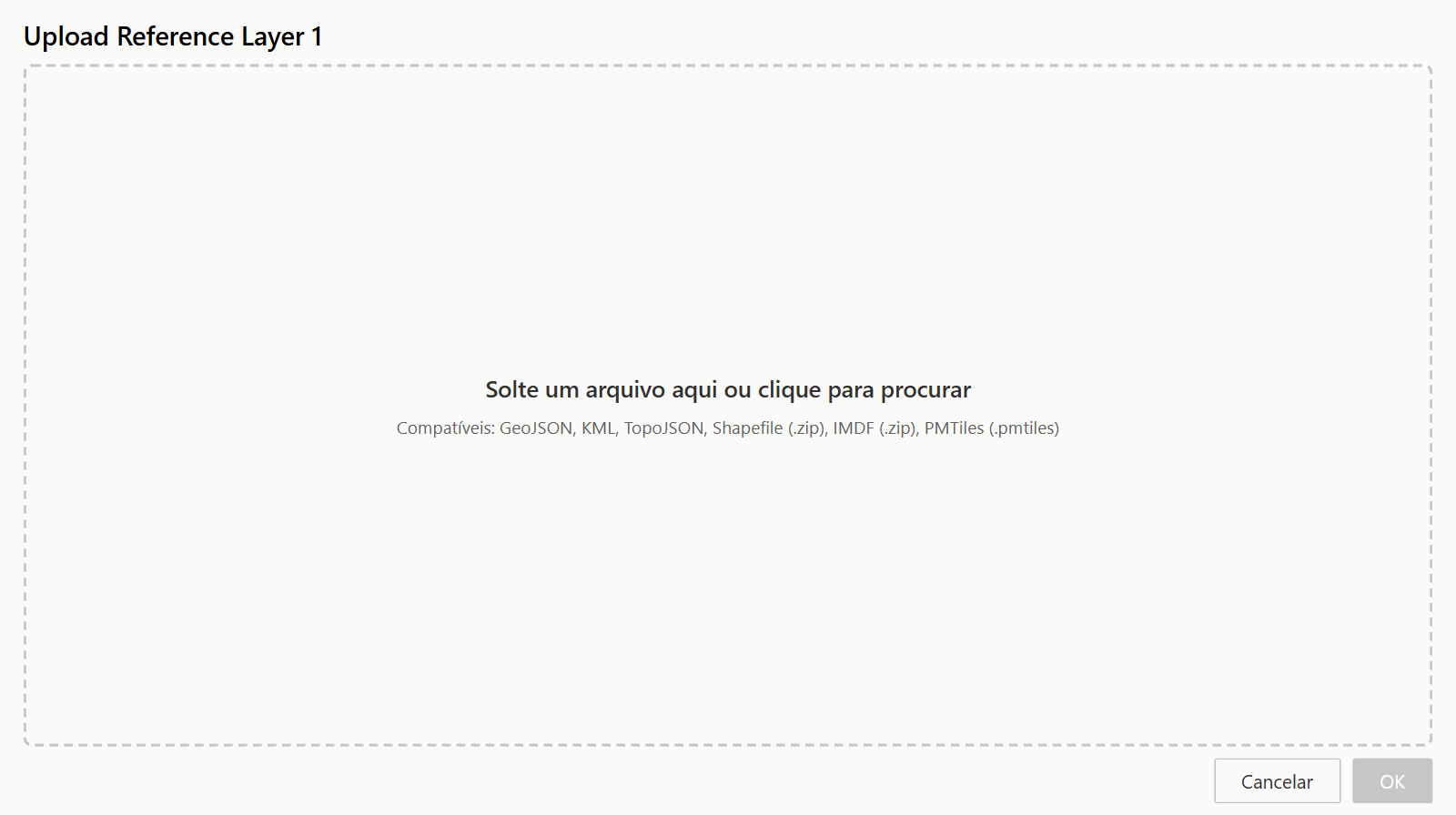 A janela de carregamento de arquivo com uma área para soltar e a lista dos tipos de arquivo suportados