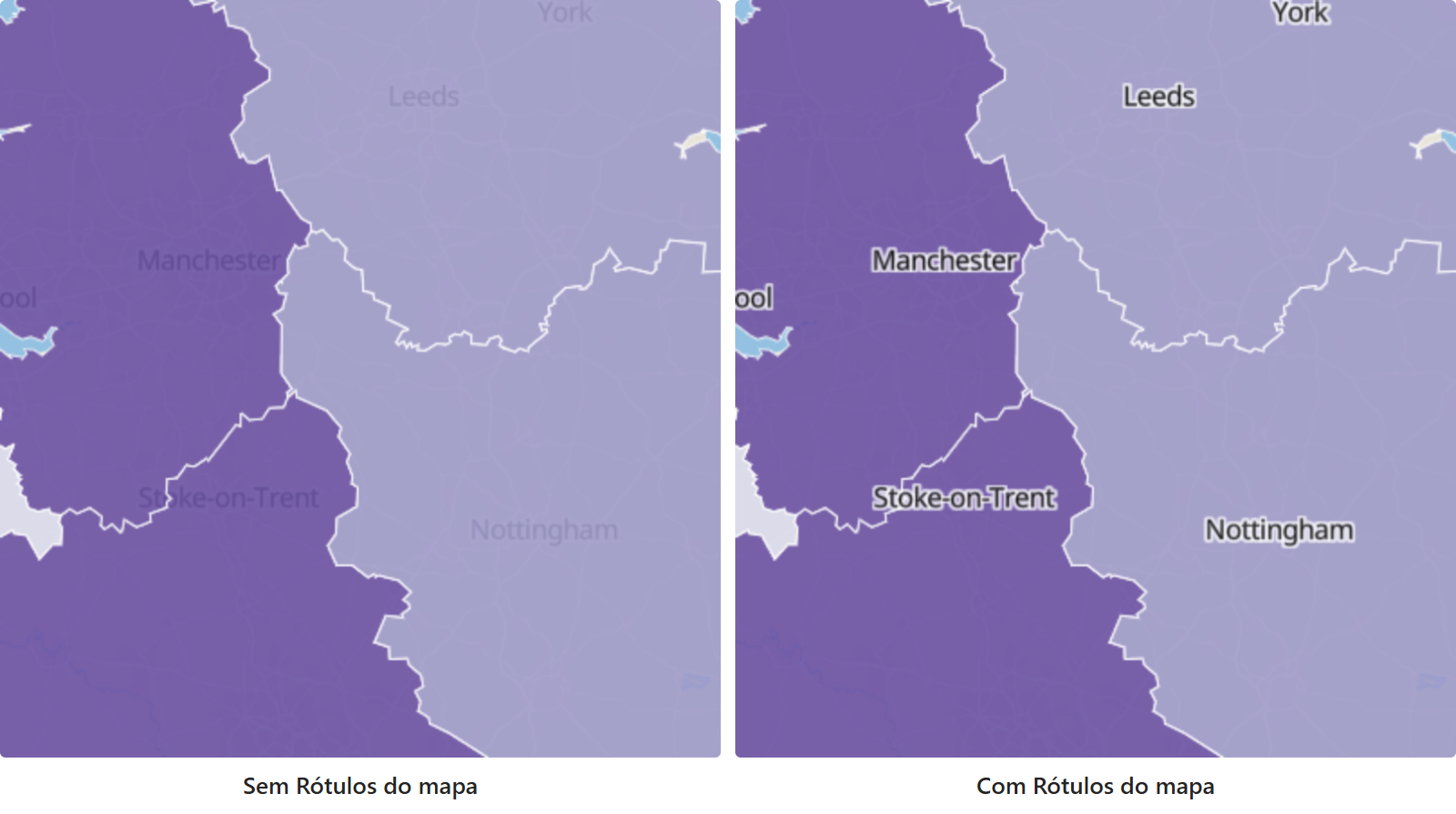 Dois mapas das mesmas regiões preenchidas lado a lado: à esquerda os nomes das cidades ficam escondidos sob o preenchimento, à direita Rótulos do mapa os desenha por cima