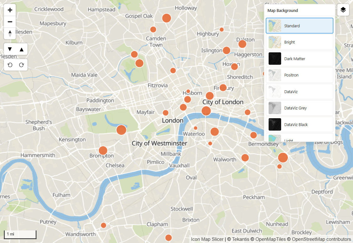 A map with the Map Background panel open, listing Icon Map styles