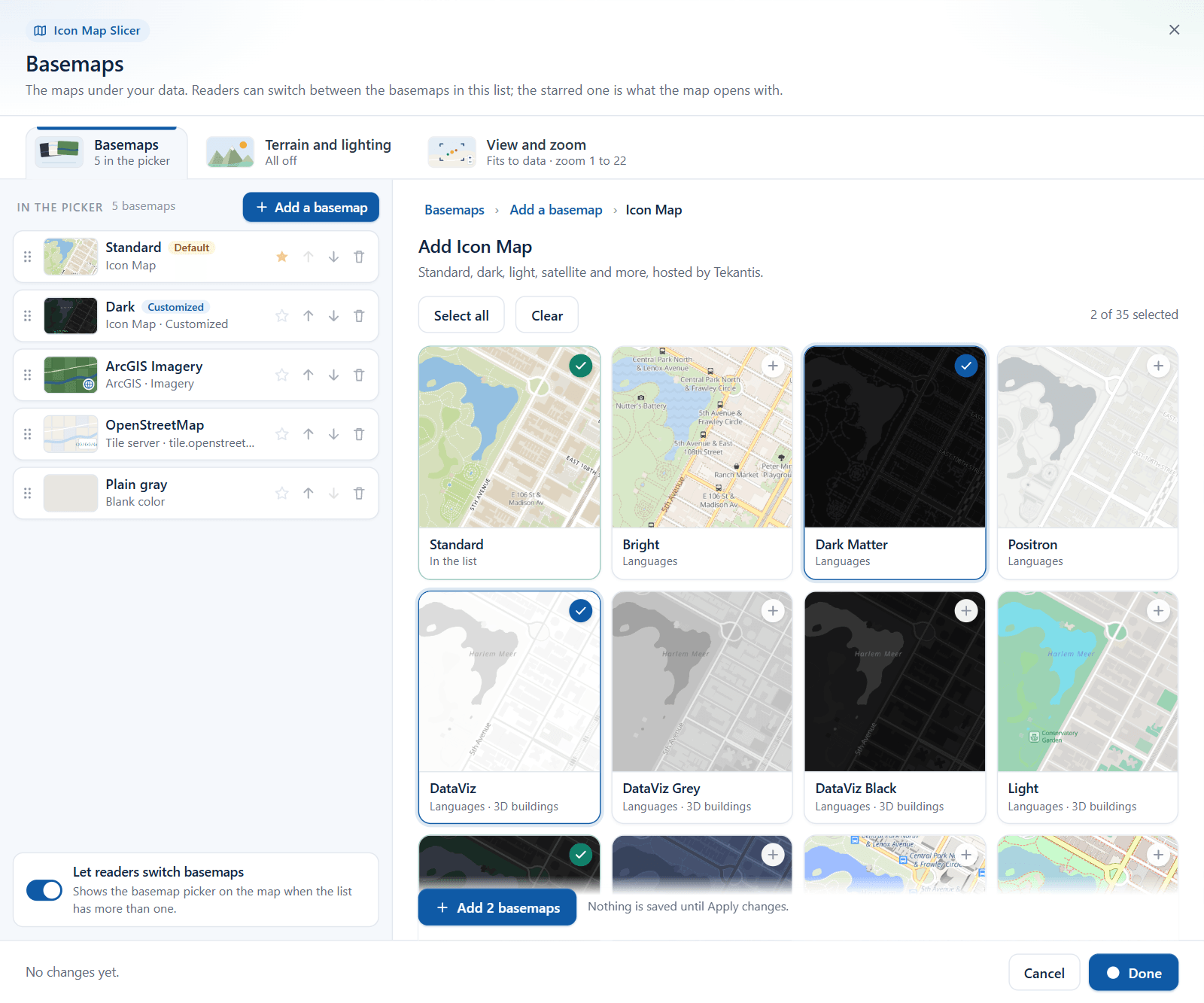 The Icon Map gallery with two styles ticked and the Add 2 basemaps button