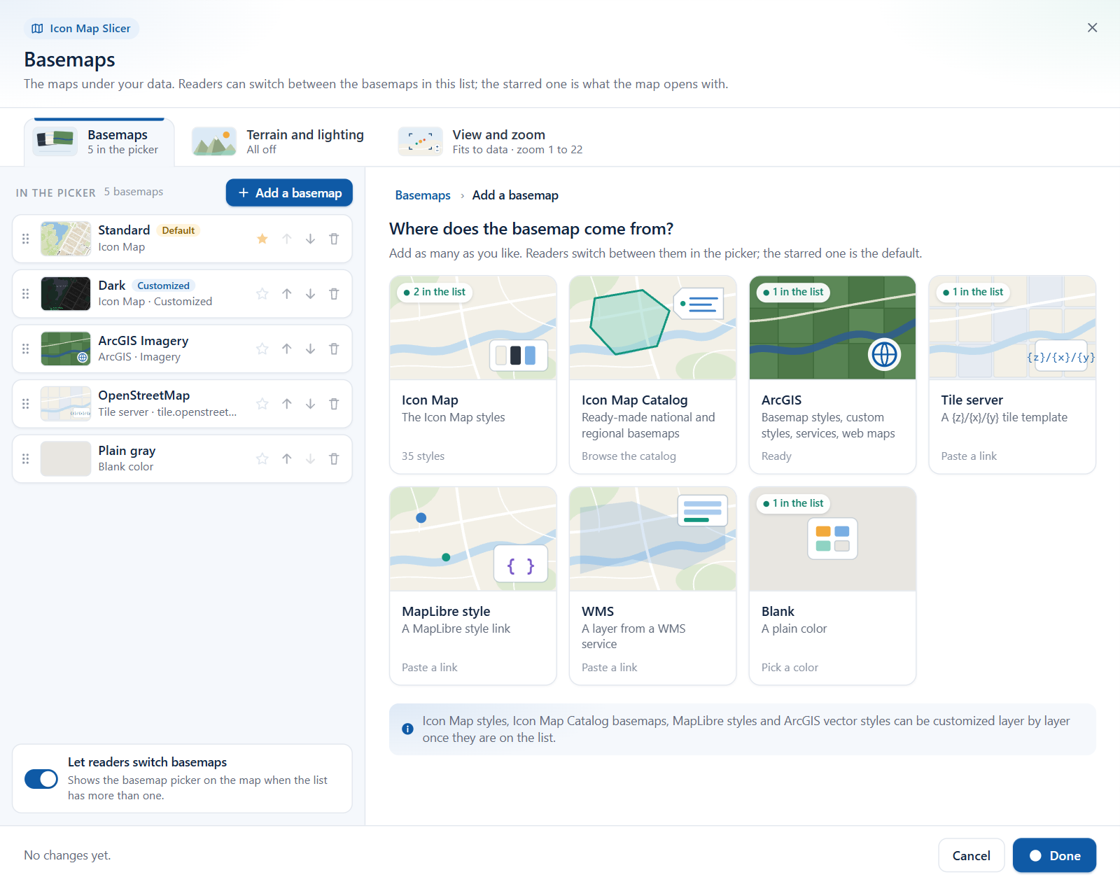 The add screen with seven tiles: Icon Map, Icon Map Catalog, ArcGIS, Tile server, MapLibre style, WMS and Blank