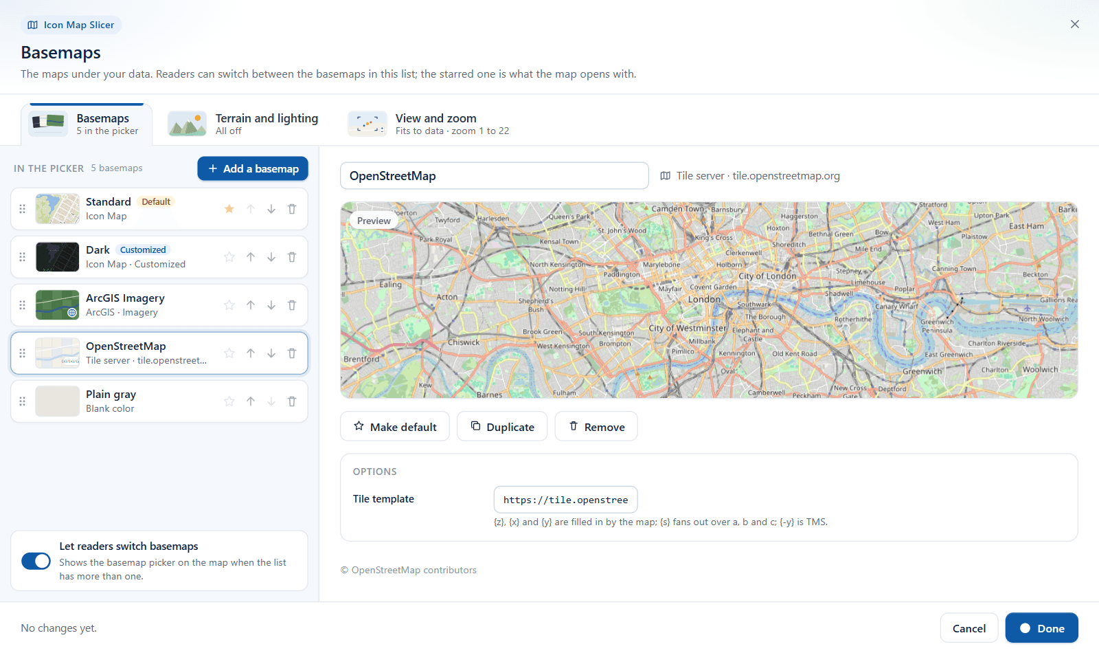 The Basemaps dialog: the basemap list on the left, the selected basemap's preview and options on the right