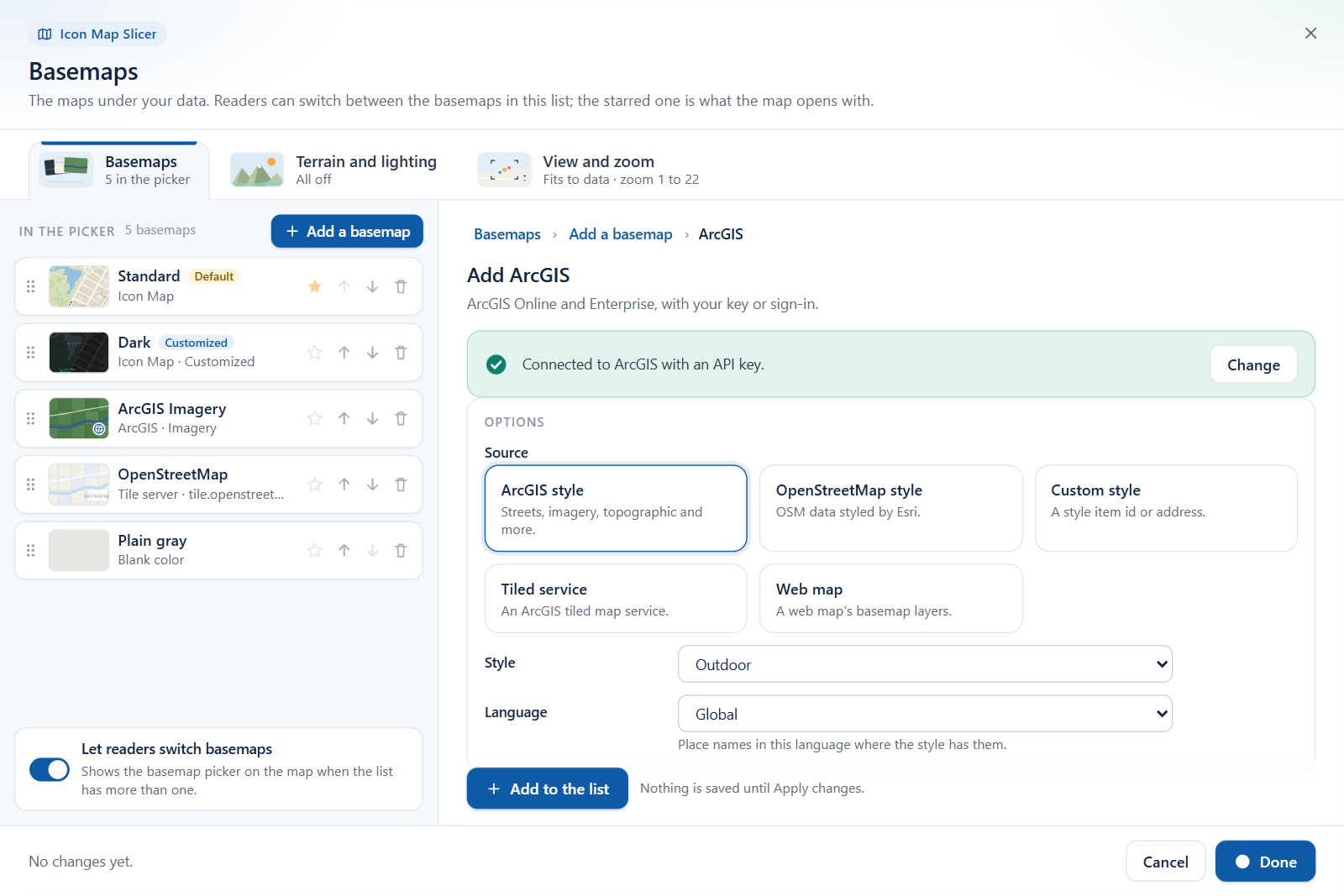 The ArcGIS form in the Basemaps dialog with five source cards and the Connect to ArcGIS card
