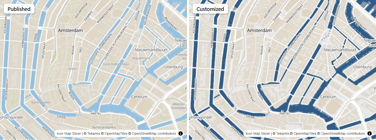 The Standard style before and after customizing: muted land, darker water and no points of interest