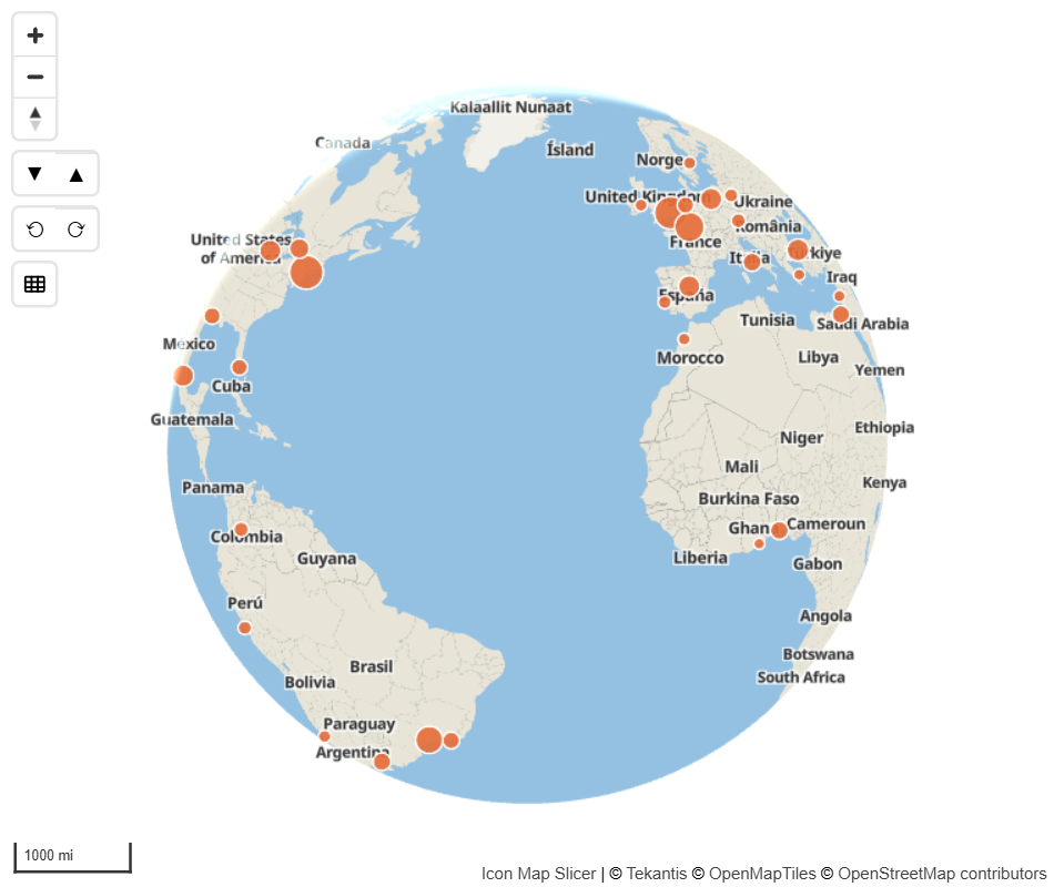 A map on the globe projection with data points across several continents