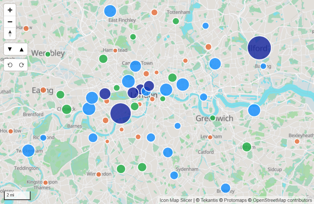 Circles of different sizes and colors over a street map