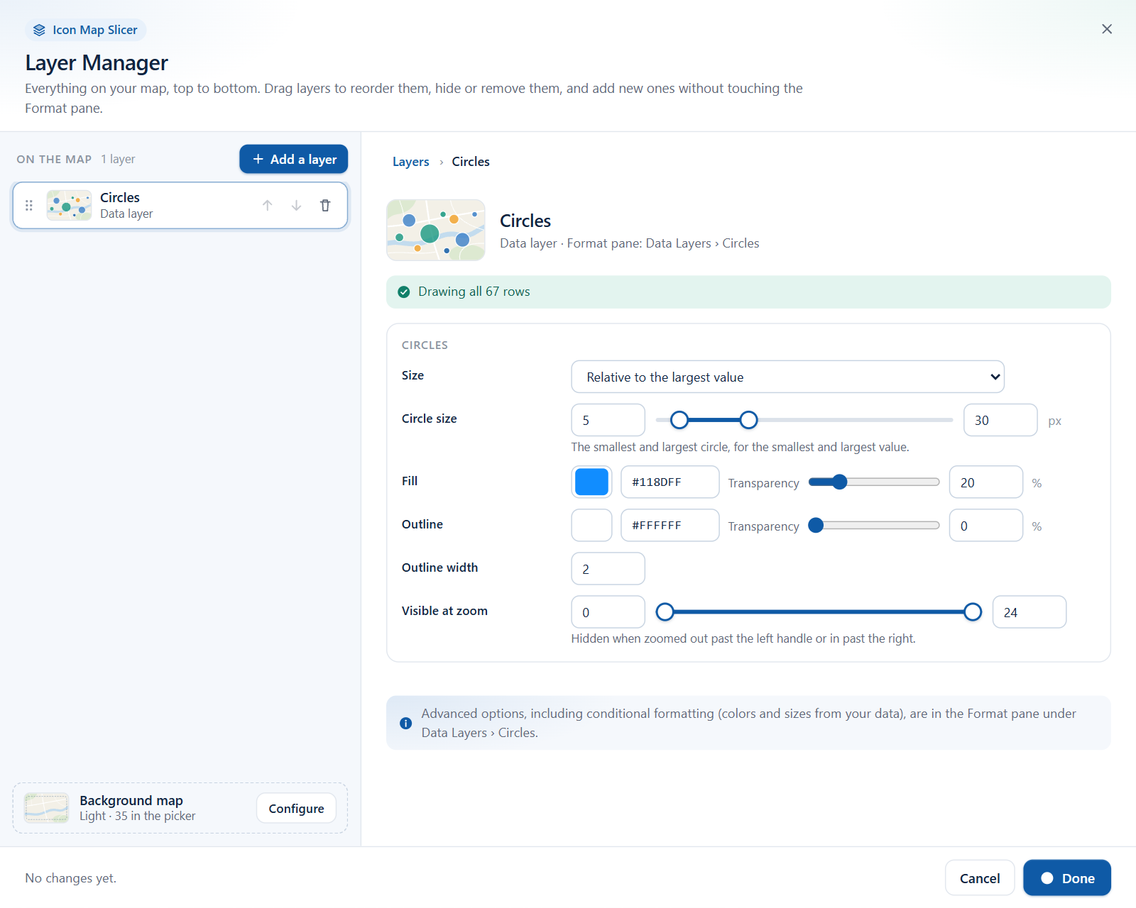 The Circles editor in the Layer Manager