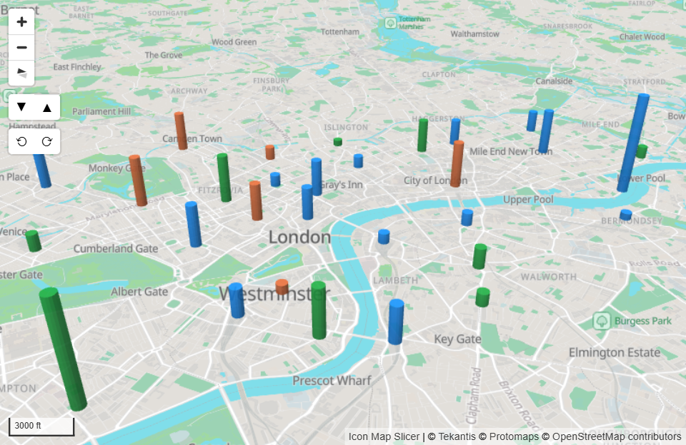 Round columns in several colors on a tilted map