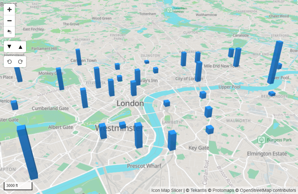 Columns of different heights rising from a tilted map