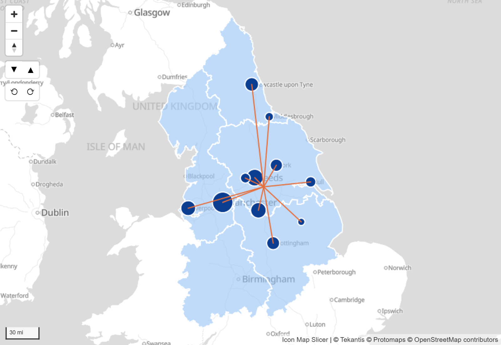 A map with regions as colored shapes, stores as circles and delivery lines between them
