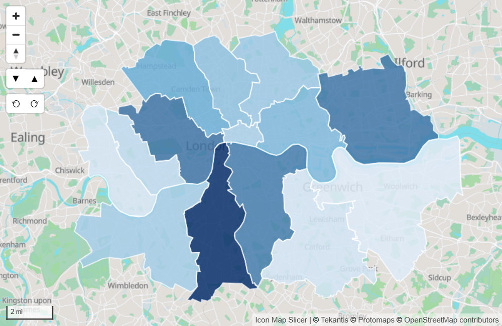 Points counted into city districts, each colored by its total