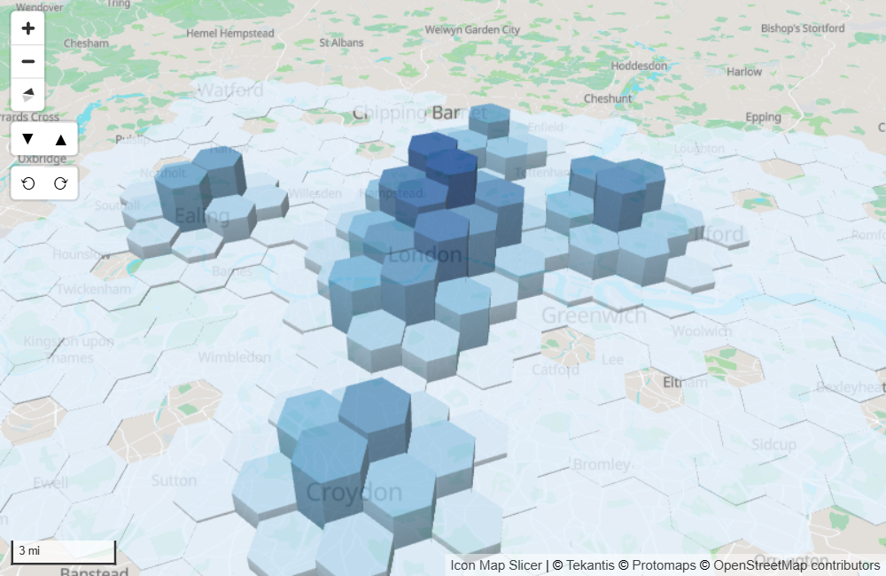 Hexagonal cells raised to different heights on a tilted map
