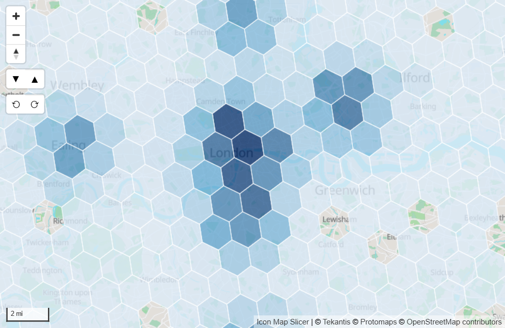 Hexagonal cells over a city, shaded from pale to dark blue