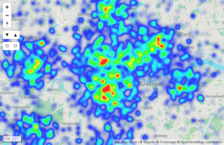 Un mapa de calor sobre una ciudad, azul en los bordes y rojo donde los puntos son más densos