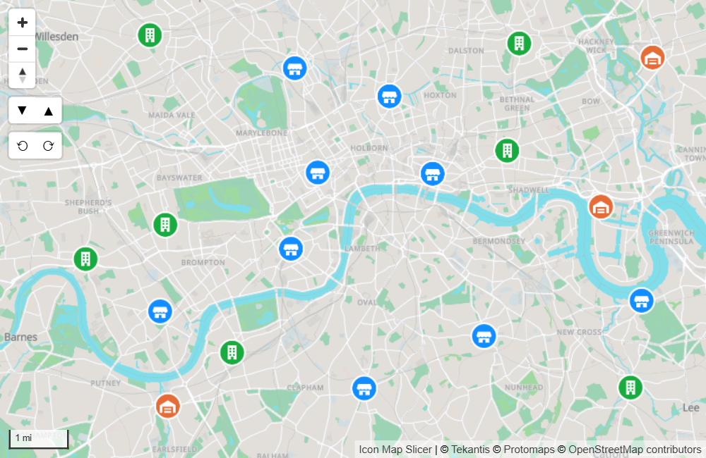 Icons of different kinds marking locations on a street map