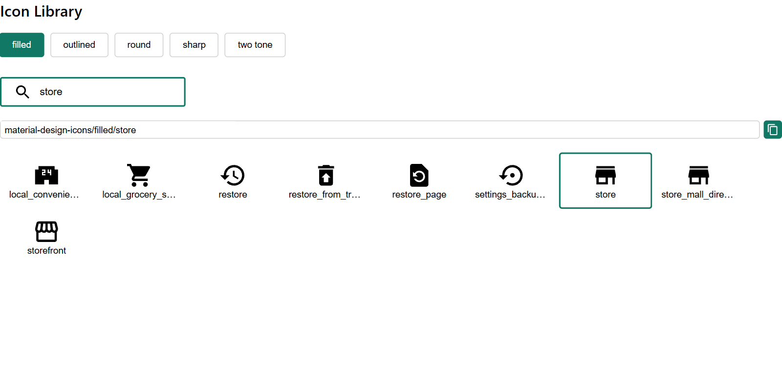 The Icon Library dialog with search results