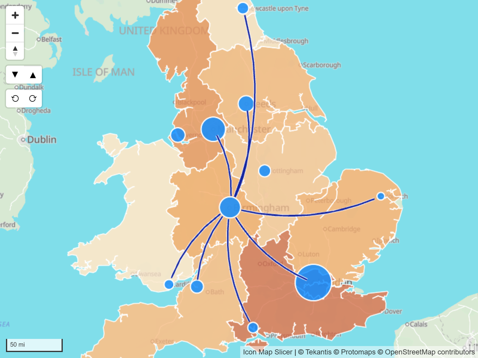 A map with circles, lines and colored regions drawn from one Power BI table