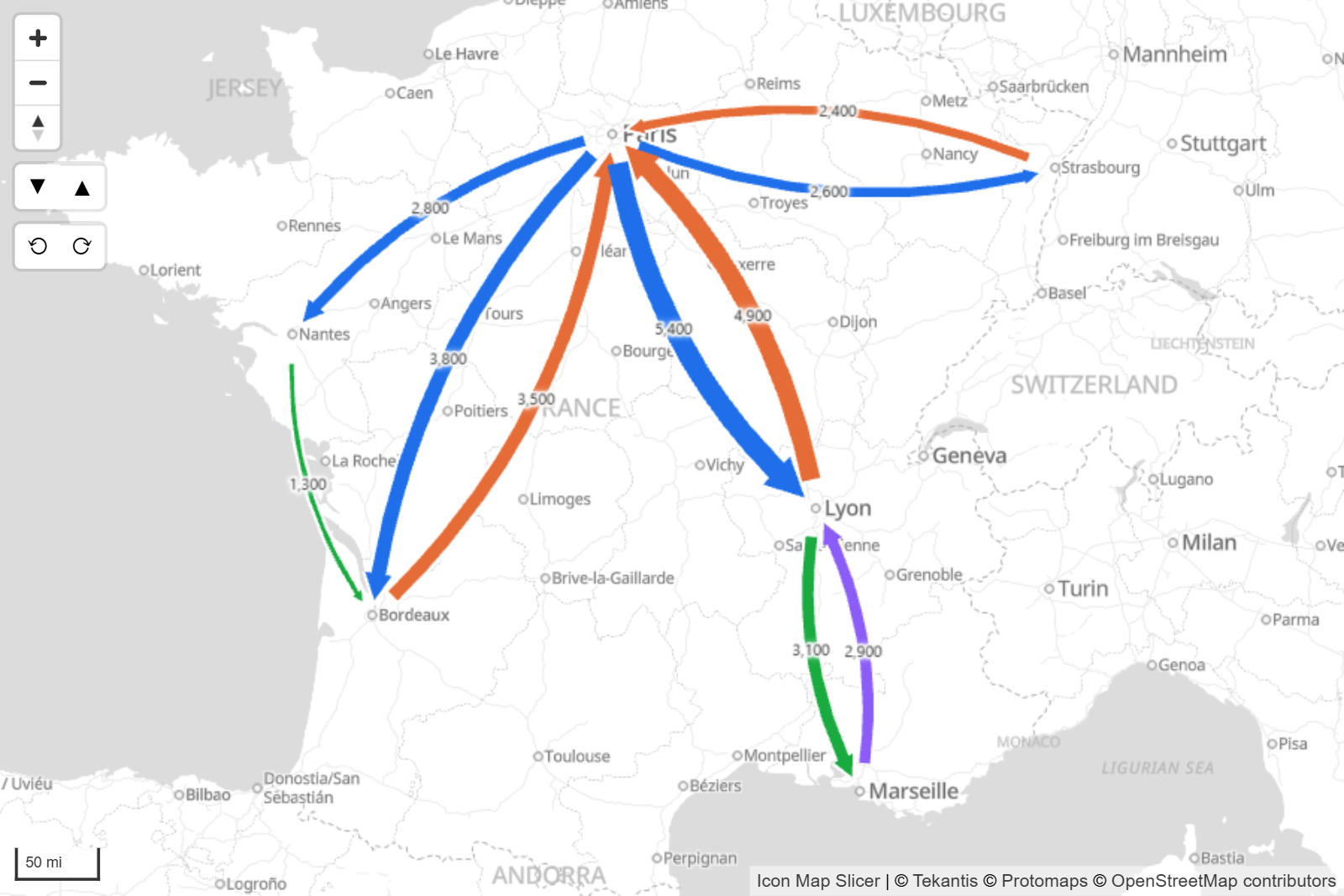 Flechas curvas entre pares de ciudades, con los flujos opuestos curvados en sentidos contrarios