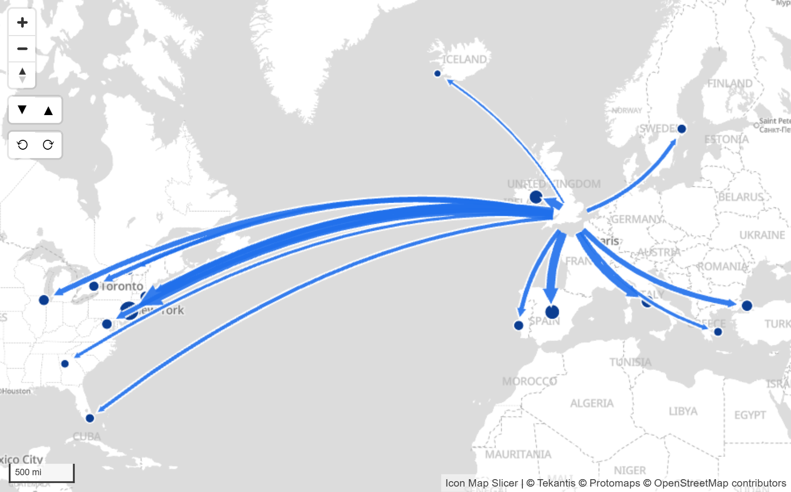 Flechas curvas que se abren en abanico desde Londres hacia destinos de Europa y Norteamérica