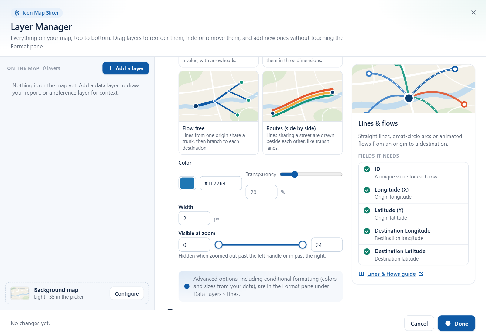 The Layer Manager add wizard for Lines and flows, with the Color, Width and Visible at zoom options and the list of fields the layer needs