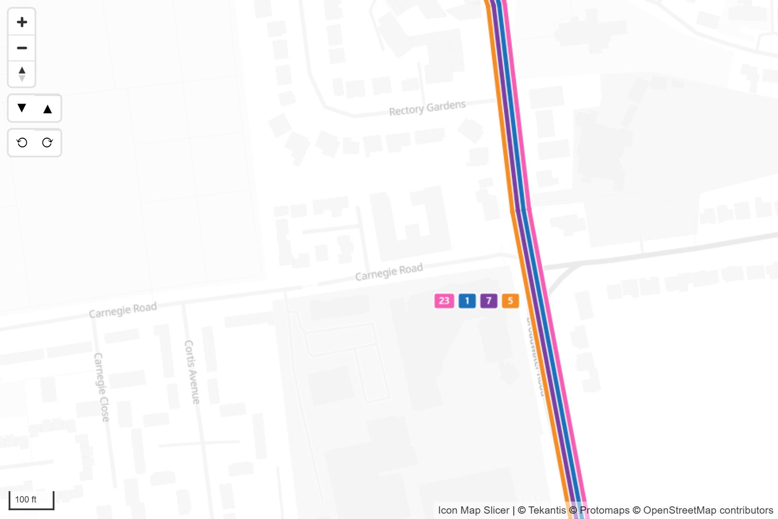 Route badges showing the route numbers beside a shared stretch of street