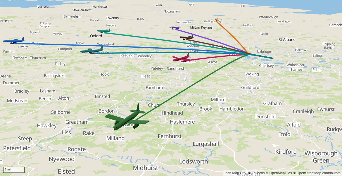 Aircraft tracks climbing away from Heathrow in 3D on a tilted map, with an aircraft model at the head of each track