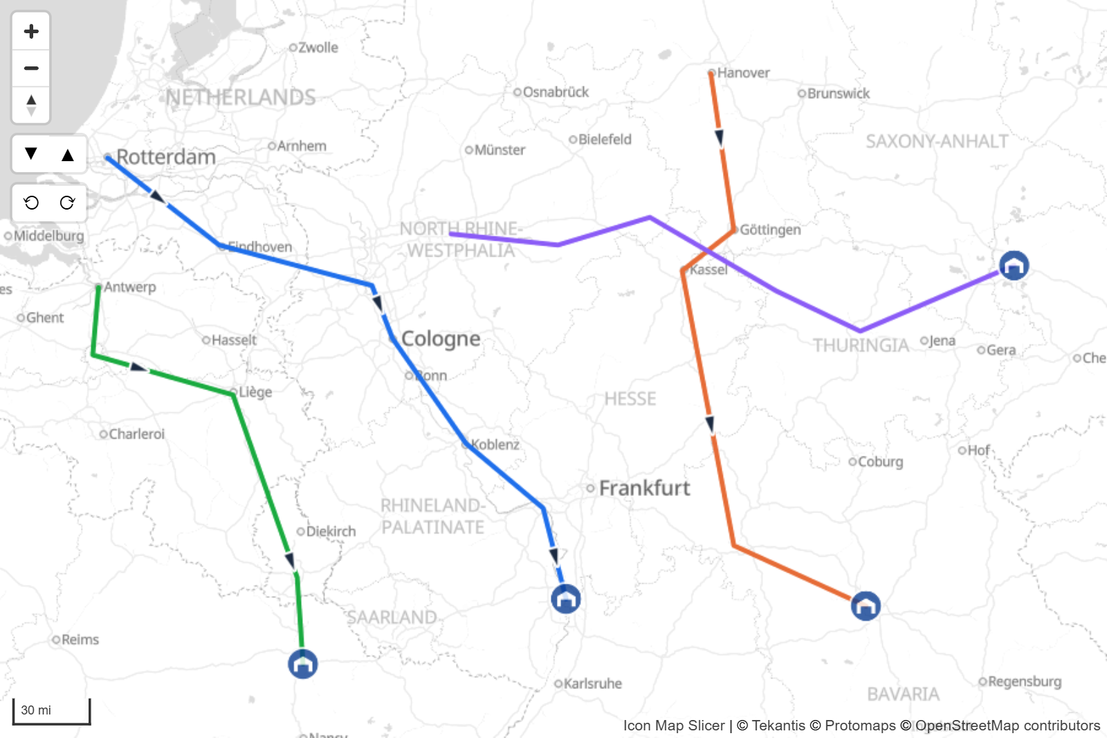 Lines drawn from WKT with direction arrows and an icon at each end