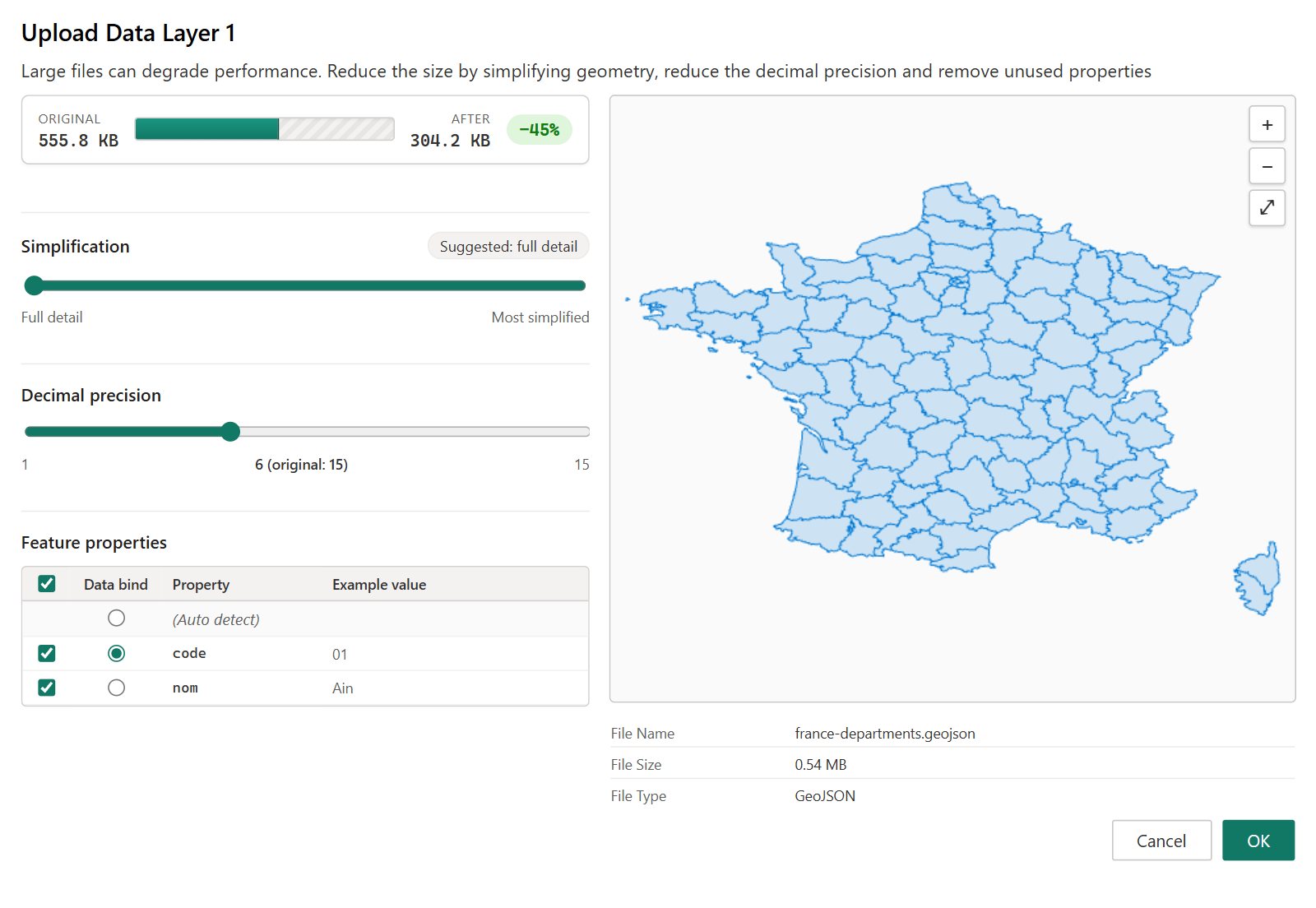 The upload window with a preview of the shapes, the Simplification and Decimal precision sliders, and the list of feature properties