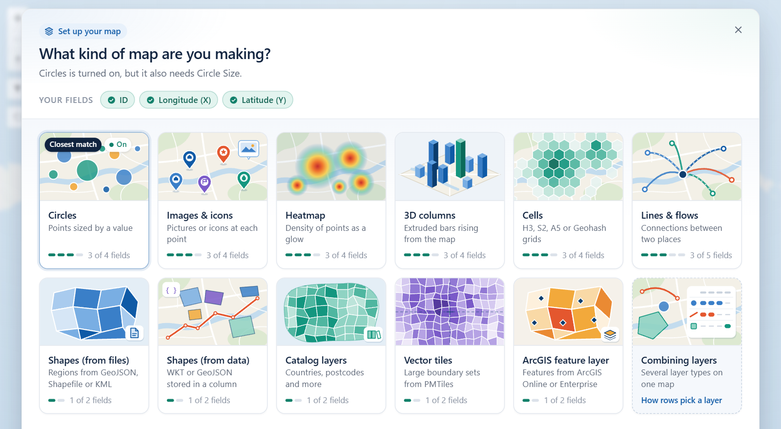 The layer guide over the map, titled What kind of map are you making, with a tile for each layer type