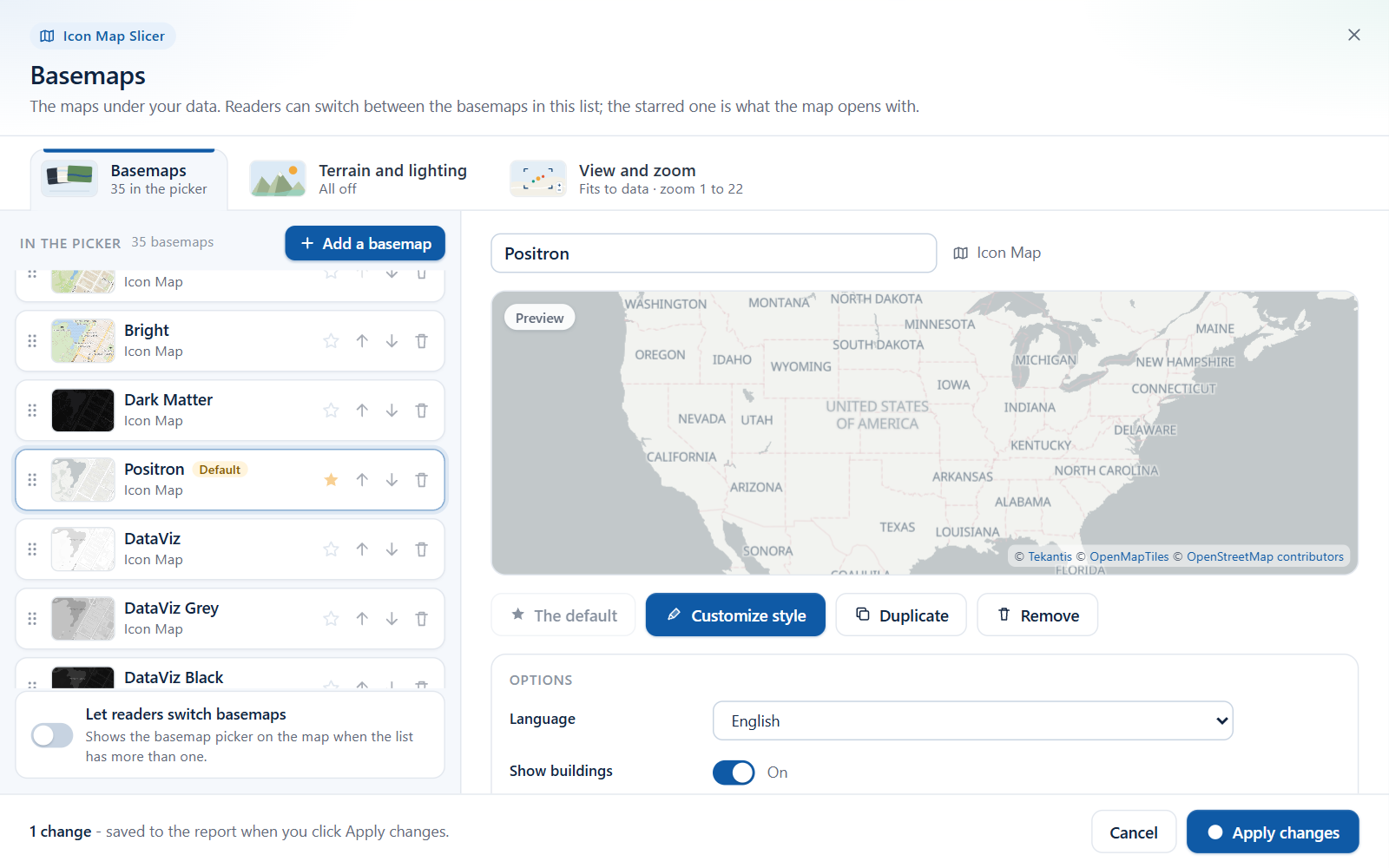 The Basemaps dialog with the list of Icon Map styles on the left and a preview of the selected style on the right