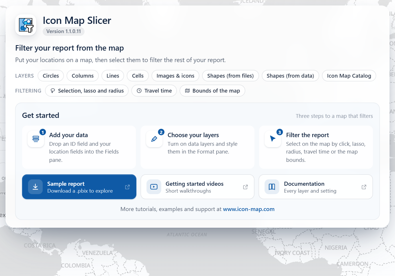 The Icon Map Slicer start page in an empty visual