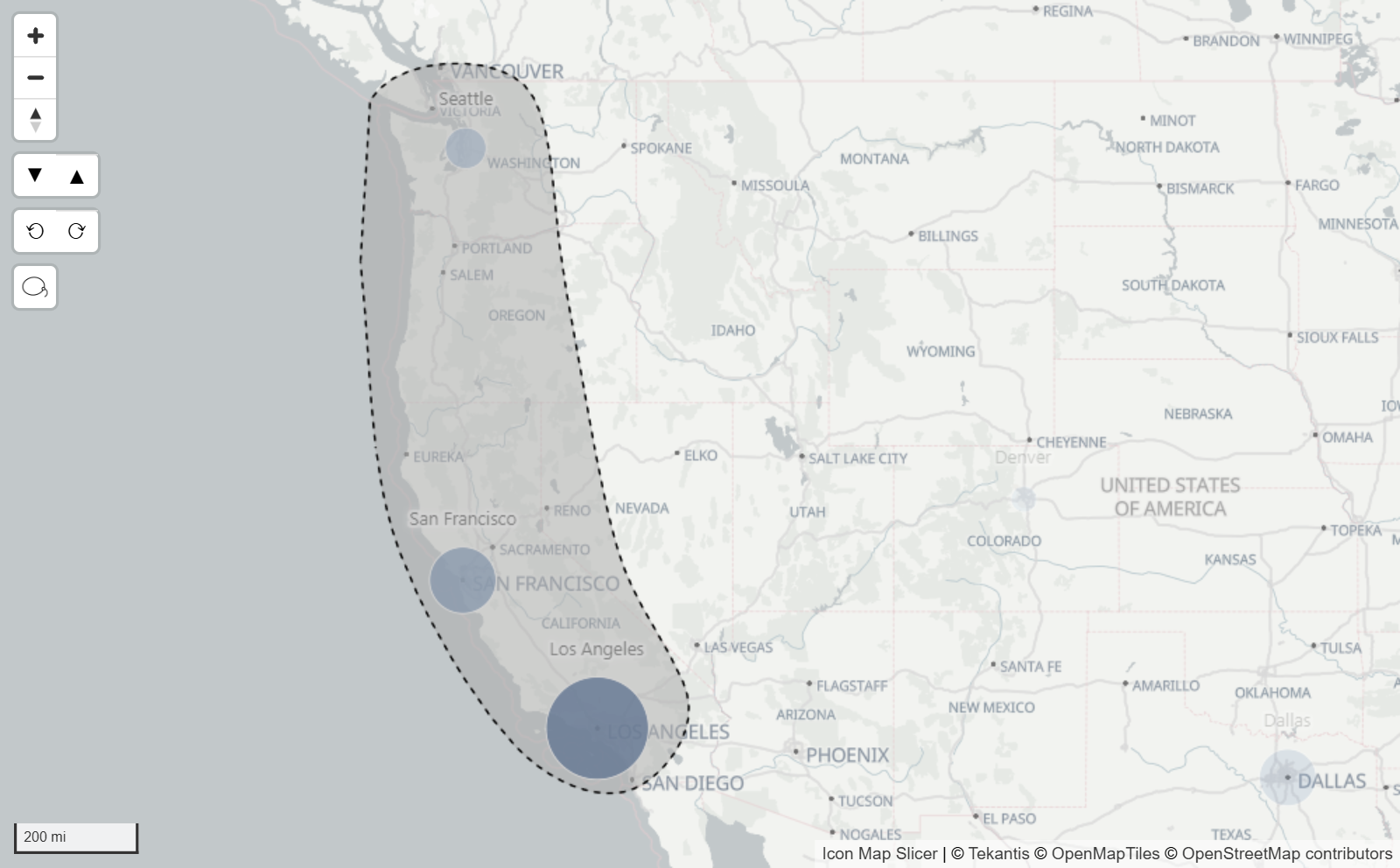 A lasso drawn around the three West Coast circles, which are solid while the rest are faded
