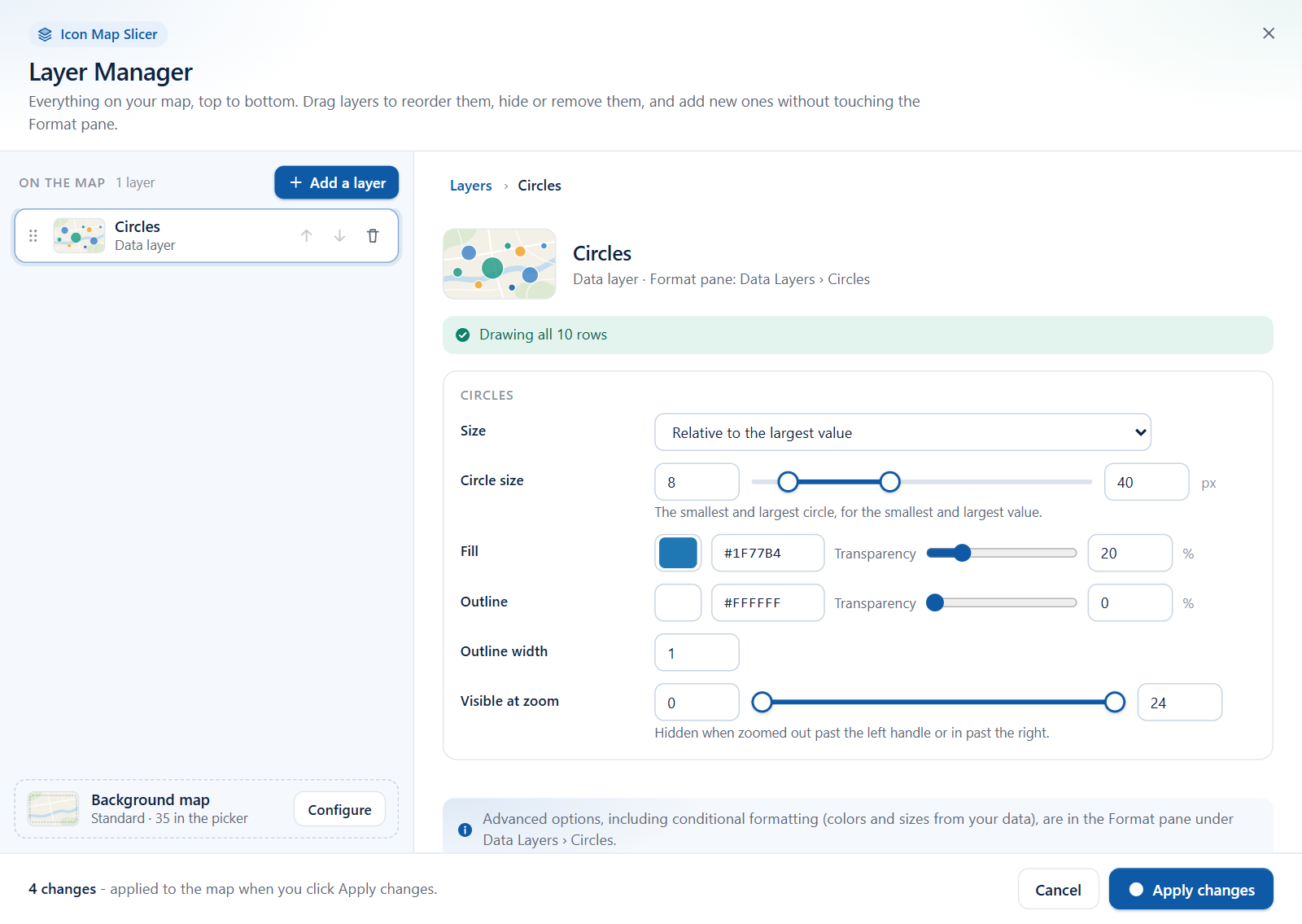 The Layer Manager with the Circles editor open, showing Size, Circle size, Fill, Outline and Outline width