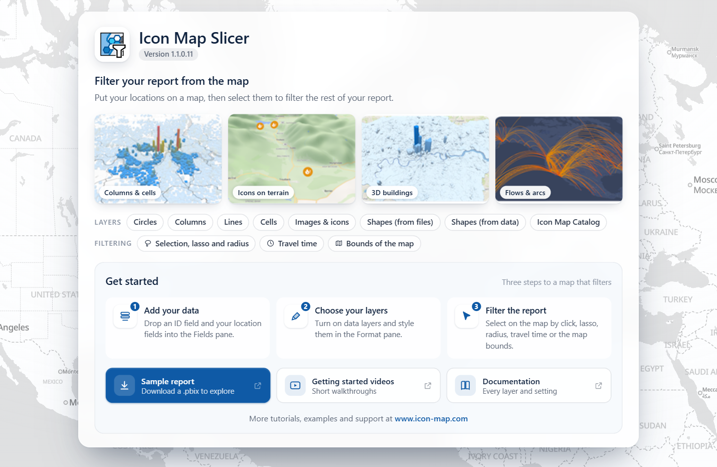 The Icon Map Slicer start page shown in an empty visual, with example maps, links to the layers and ways of filtering, and a Get started panel