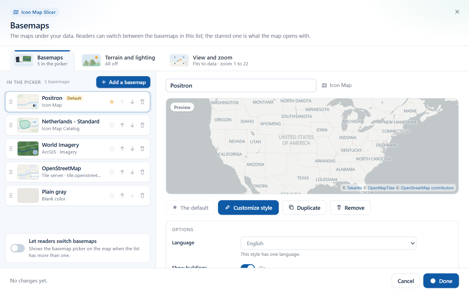 The Basemaps dialog with a list of basemaps on the left and a preview on the right