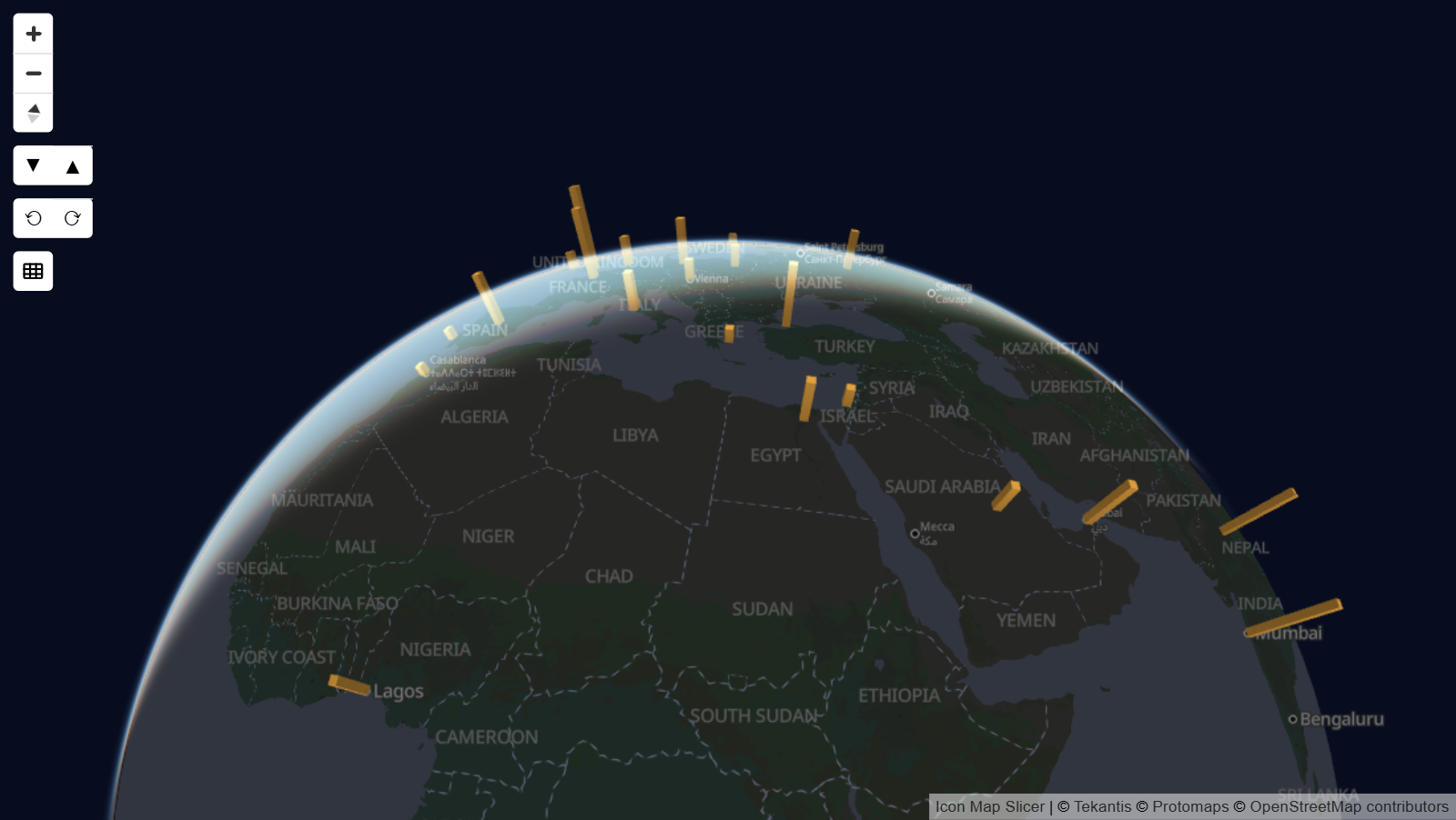 A map in globe view with 3D columns rising from cities