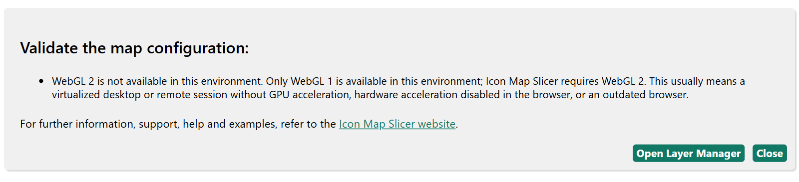 The message shown in place of the map when WebGL 2 is not available, with the reason