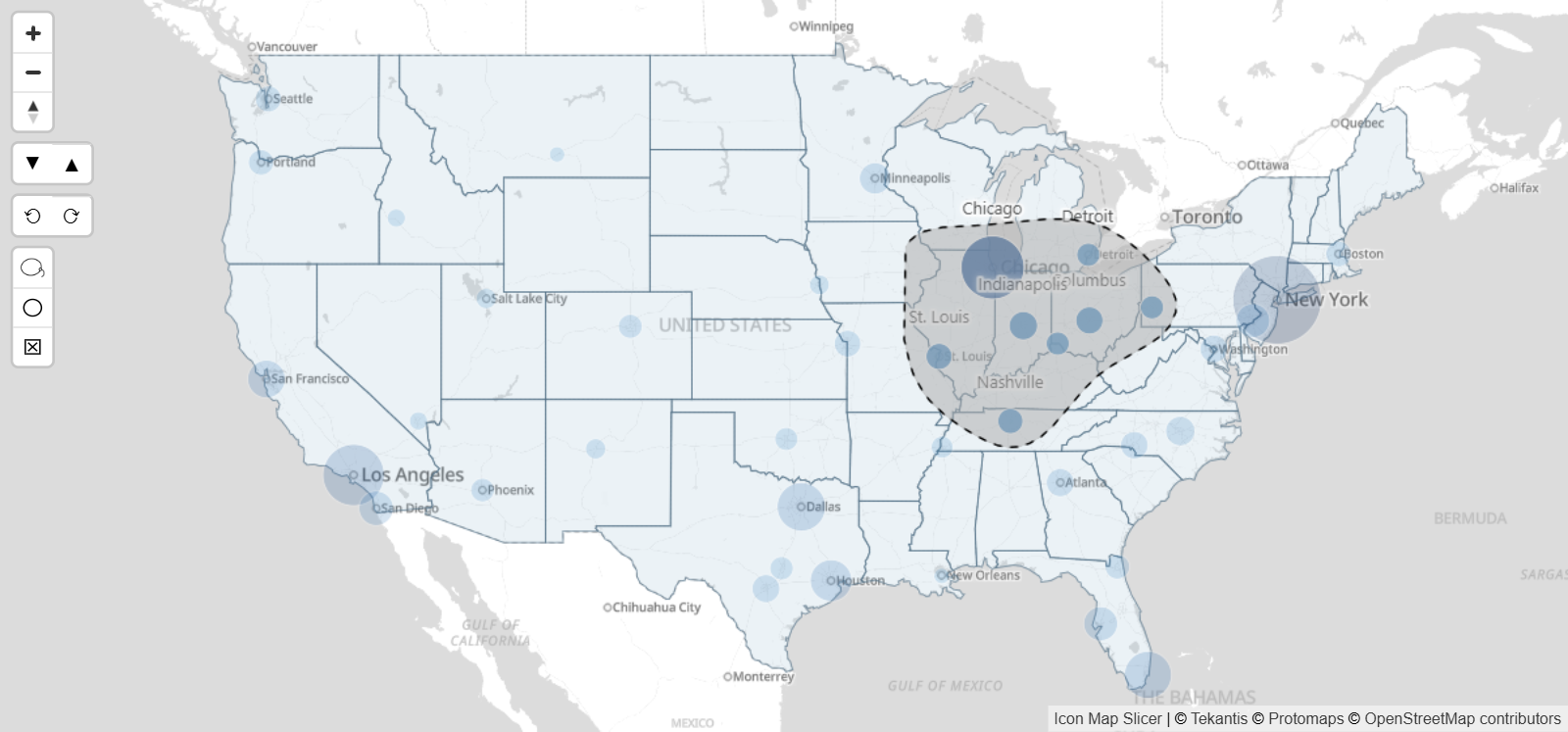Une carte Icon Map Slicer dans un rapport Power BI : une sélection au lasso autour d'un groupe de cercles, qui restent vifs tandis que les autres s'estompent