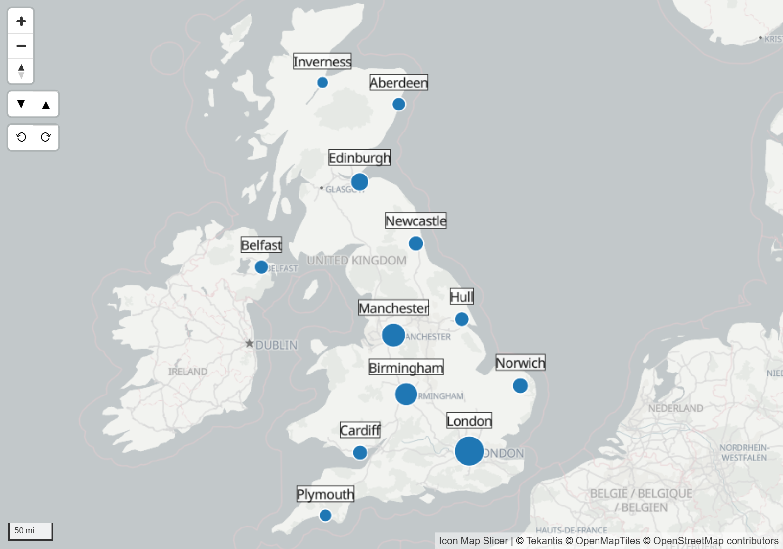 Circles on a map, each with a text label on a white container beside it