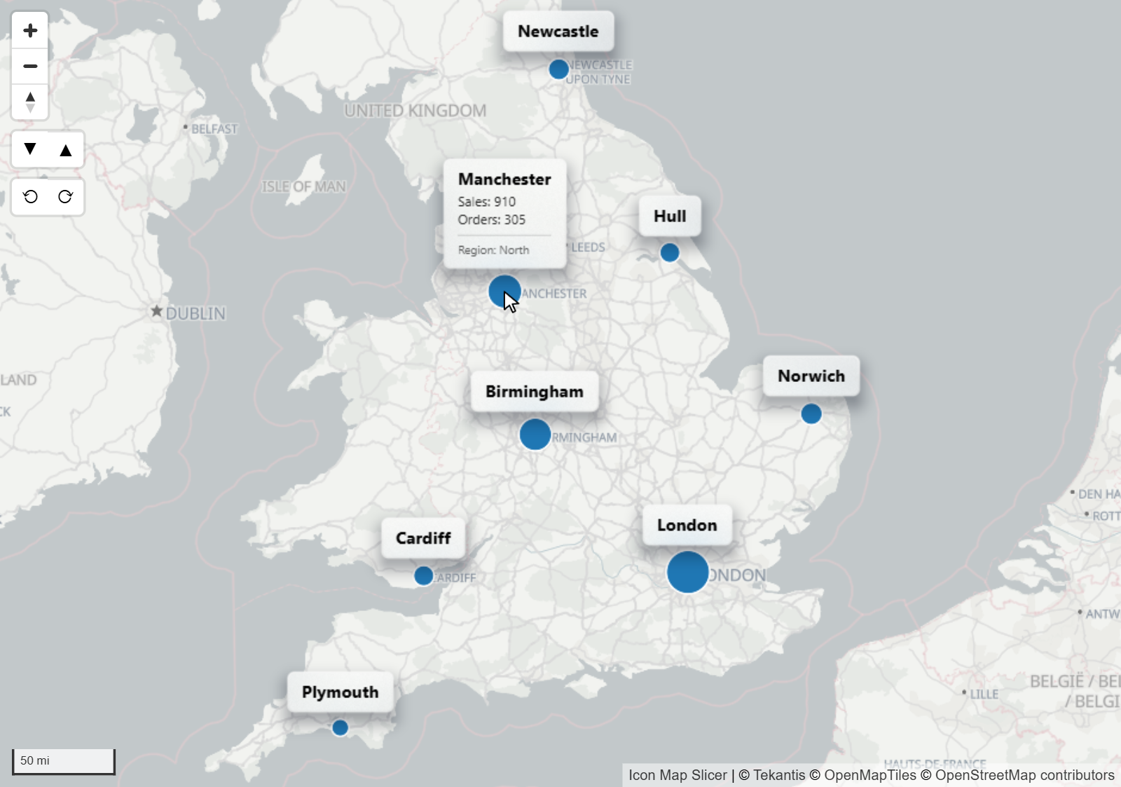 A map where only the circle under the mouse pointer shows its full card, and the other circles show a title only