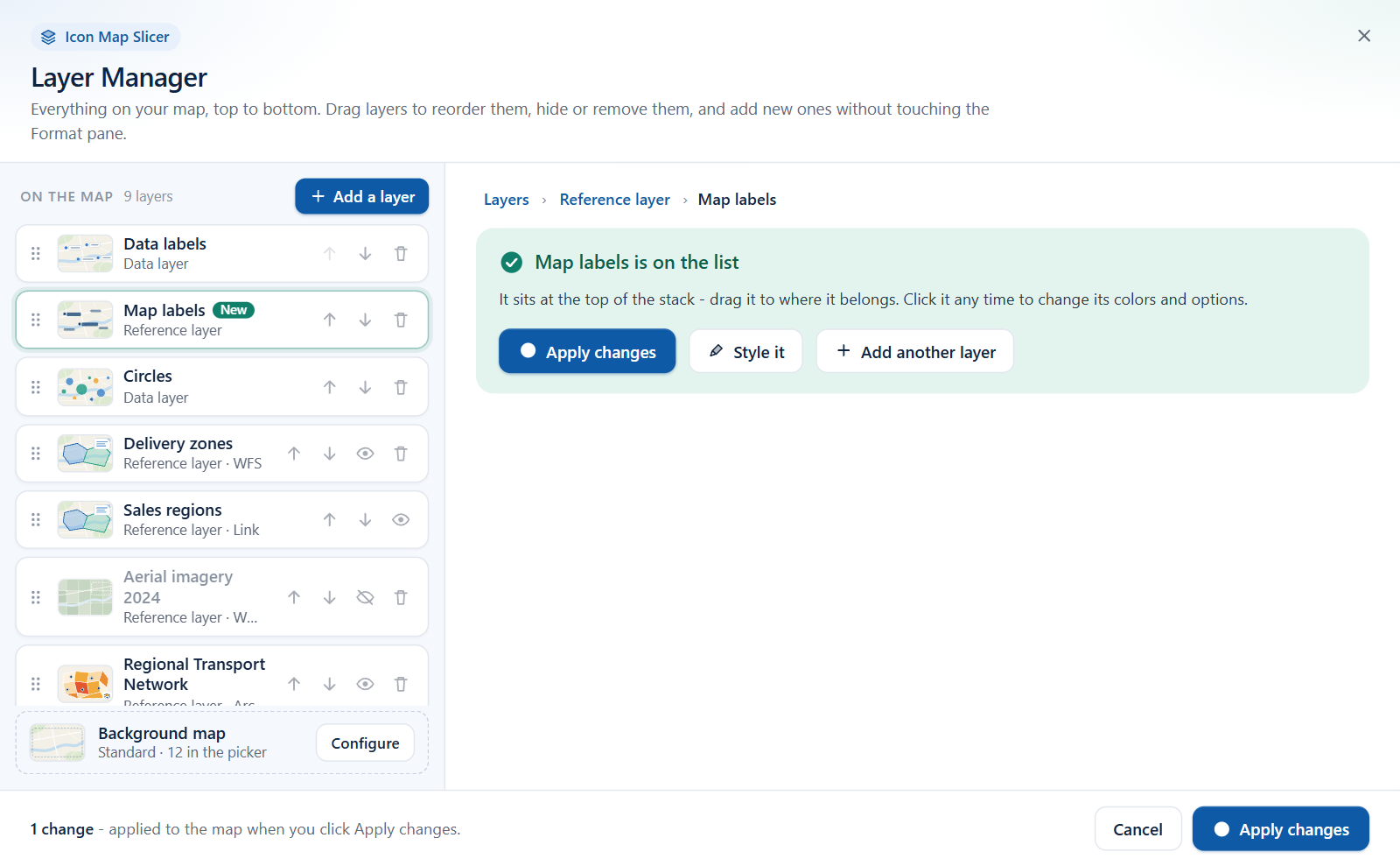 The confirmation after adding a layer, with the buttons Apply changes, Style it and Add another layer
