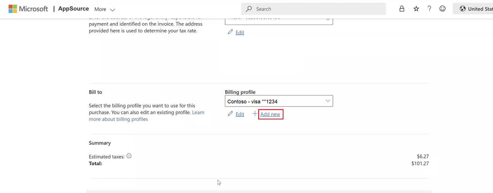 The billing profile section of the AppSource payment page with the Add New option