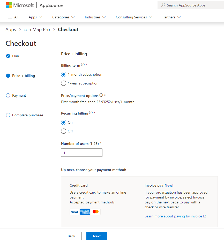 The AppSource price and billing page with monthly and annual options